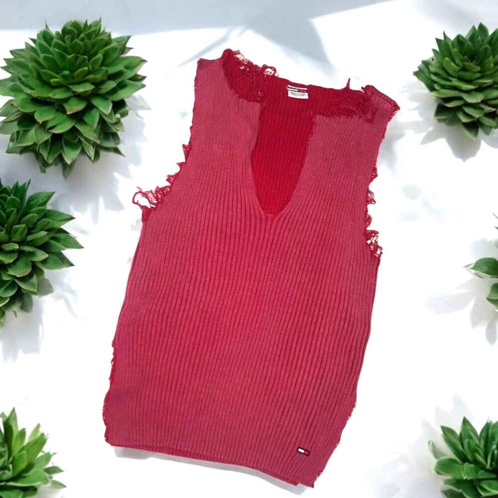 TOMMY JEANS Frayed Ribbed Sleeveless Tank Top Red Sz L